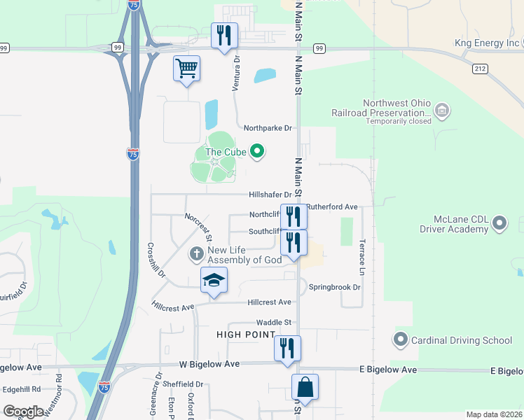 map of restaurants, bars, coffee shops, grocery stores, and more near 144 Northcliff Drive in Findlay
