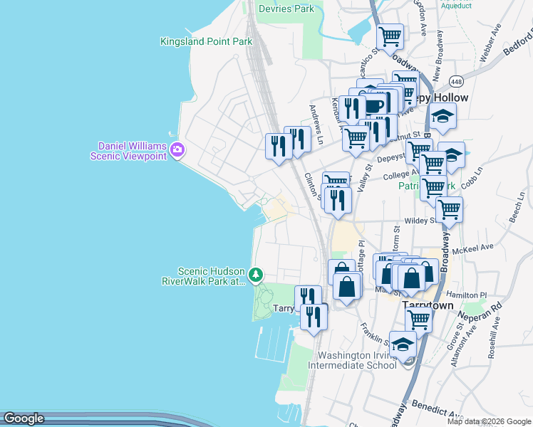 map of restaurants, bars, coffee shops, grocery stores, and more near 11 River Street in Sleepy Hollow