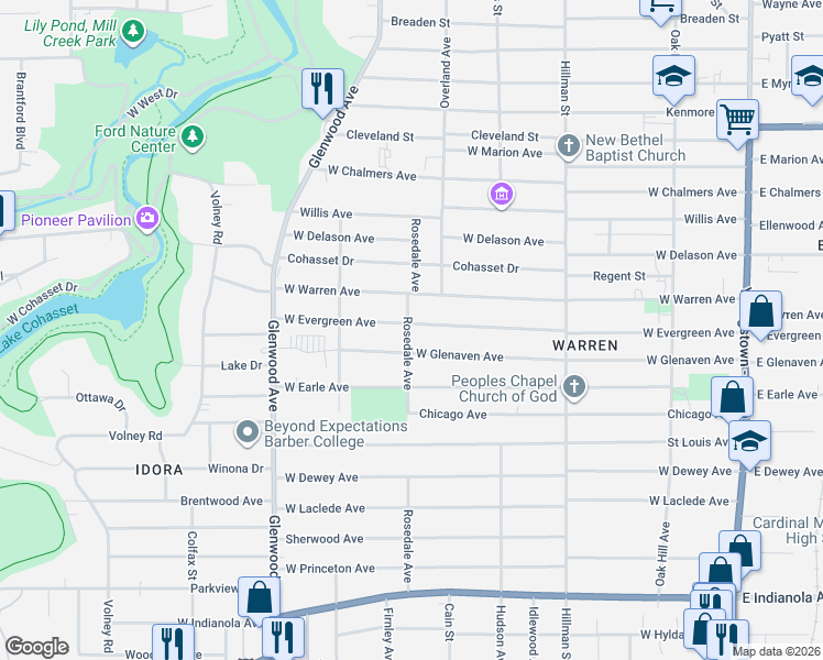 map of restaurants, bars, coffee shops, grocery stores, and more near 465 West Evergreen Avenue in Youngstown