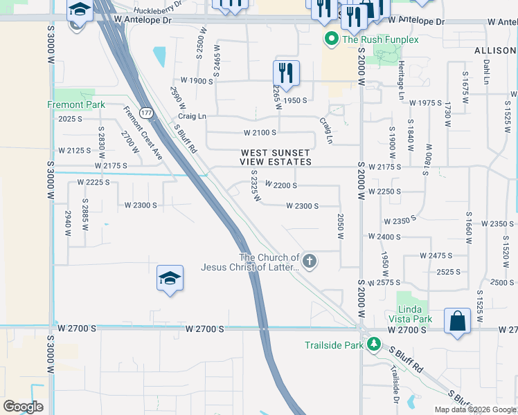 map of restaurants, bars, coffee shops, grocery stores, and more near 2302 South 2325 West in Syracuse