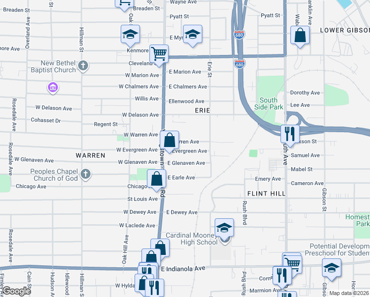 map of restaurants, bars, coffee shops, grocery stores, and more near 48 East Evergreen Avenue in Youngstown