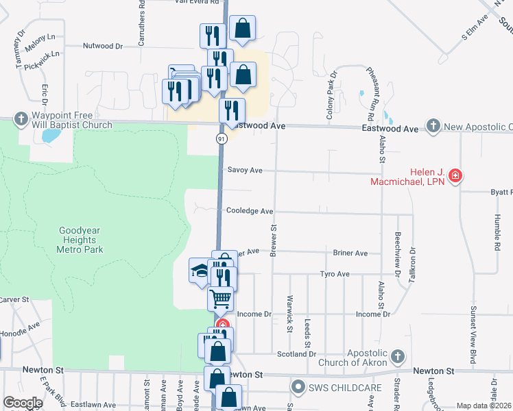 map of restaurants, bars, coffee shops, grocery stores, and more near 2187 Cooledge Ave in Akron