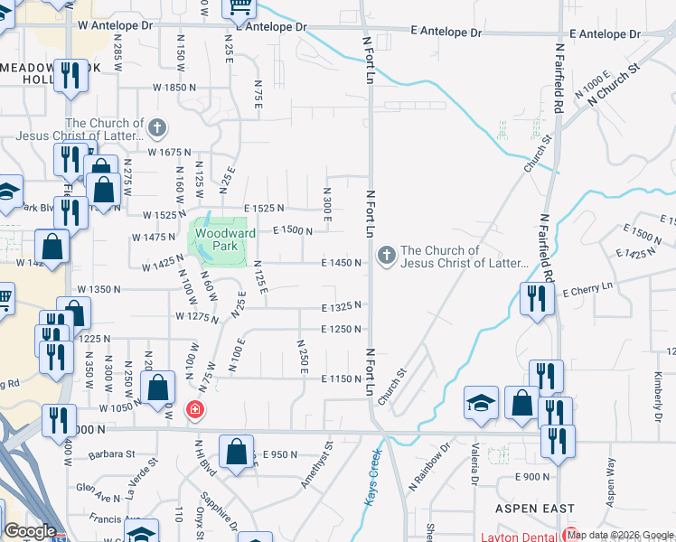 map of restaurants, bars, coffee shops, grocery stores, and more near 368 East 1450 North in Layton