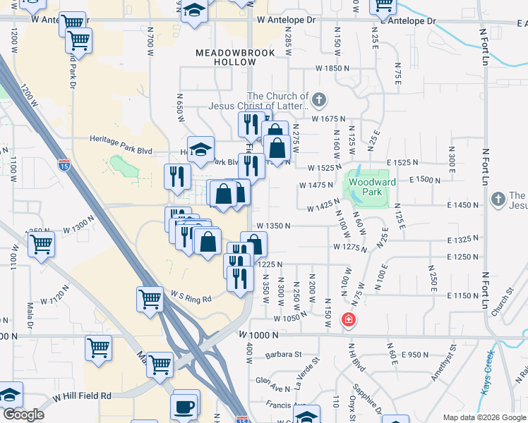 map of restaurants, bars, coffee shops, grocery stores, and more near 341 West 1450 North in Layton