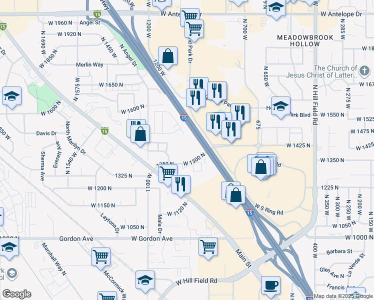 map of restaurants, bars, coffee shops, grocery stores, and more near 1298 North Main Street in Layton