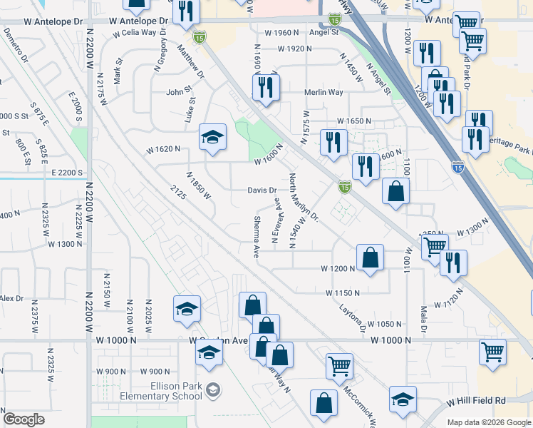 map of restaurants, bars, coffee shops, grocery stores, and more near 1522 Sherma Avenue in Layton