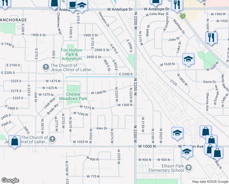 map of restaurants, bars, coffee shops, grocery stores, and more near 2313 West 1450 North in Layton