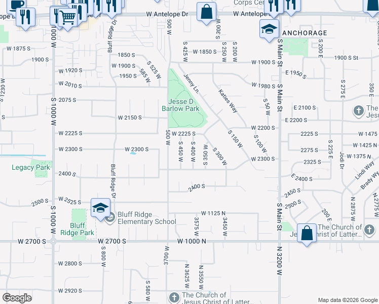 map of restaurants, bars, coffee shops, grocery stores, and more near 2258 South 400 West in Clearfield