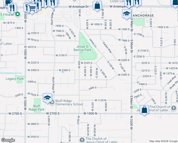 map of restaurants, bars, coffee shops, grocery stores, and more near 2258 South 400 West in Clearfield