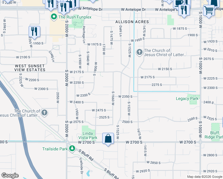 map of restaurants, bars, coffee shops, grocery stores, and more near 2301 South 1660 West in Syracuse