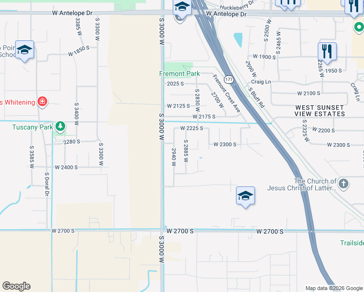 map of restaurants, bars, coffee shops, grocery stores, and more near 2868 2330 South in Syracuse