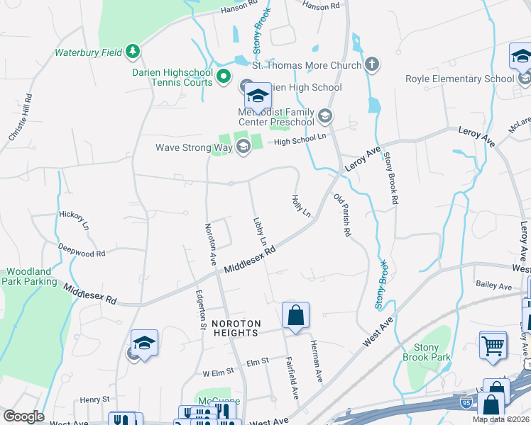 map of restaurants, bars, coffee shops, grocery stores, and more near 21 Libby Lane in Darien