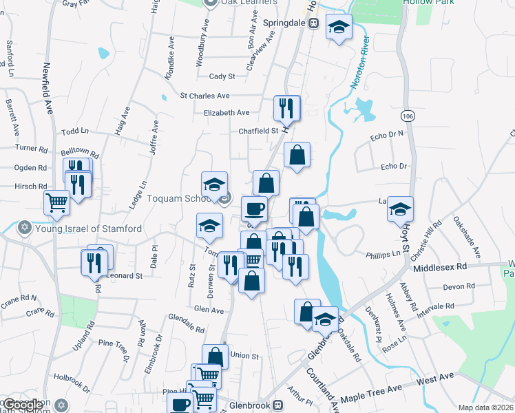 map of restaurants, bars, coffee shops, grocery stores, and more near 605 Hope Street in Stamford
