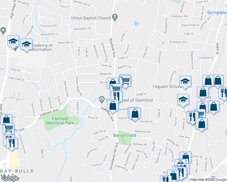 map of restaurants, bars, coffee shops, grocery stores, and more near 28 Newfield Court in Stamford