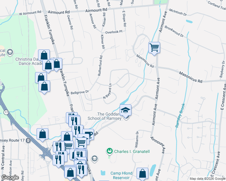 map of restaurants, bars, coffee shops, grocery stores, and more near 49 South Bayard Lane in Mahwah