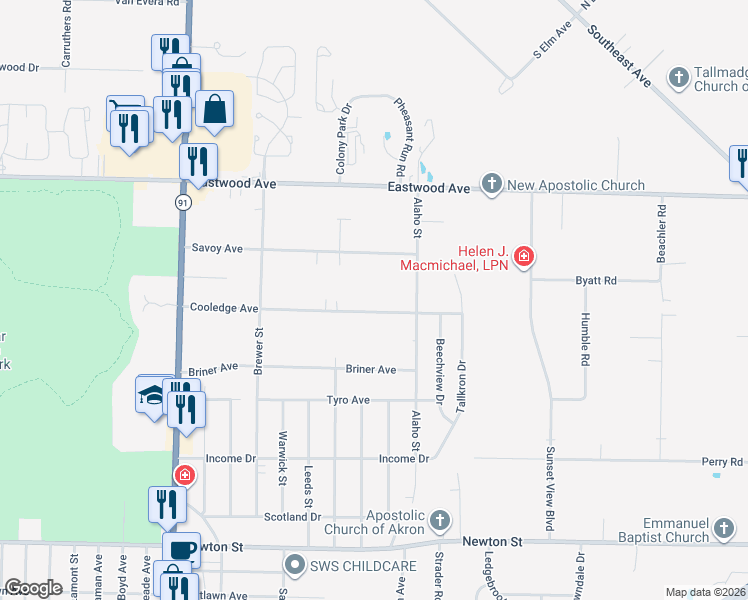 map of restaurants, bars, coffee shops, grocery stores, and more near 2353 Cooledge Avenue in Akron