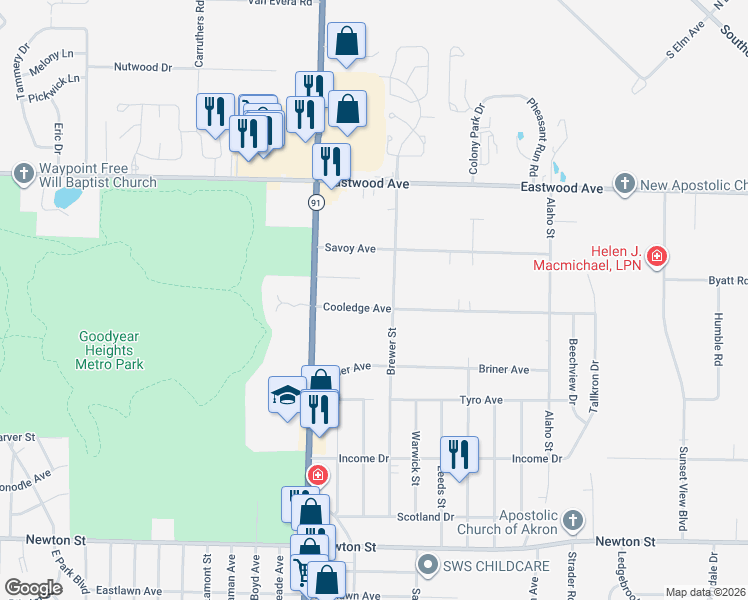 map of restaurants, bars, coffee shops, grocery stores, and more near 2187 Cooledge Avenue in Akron