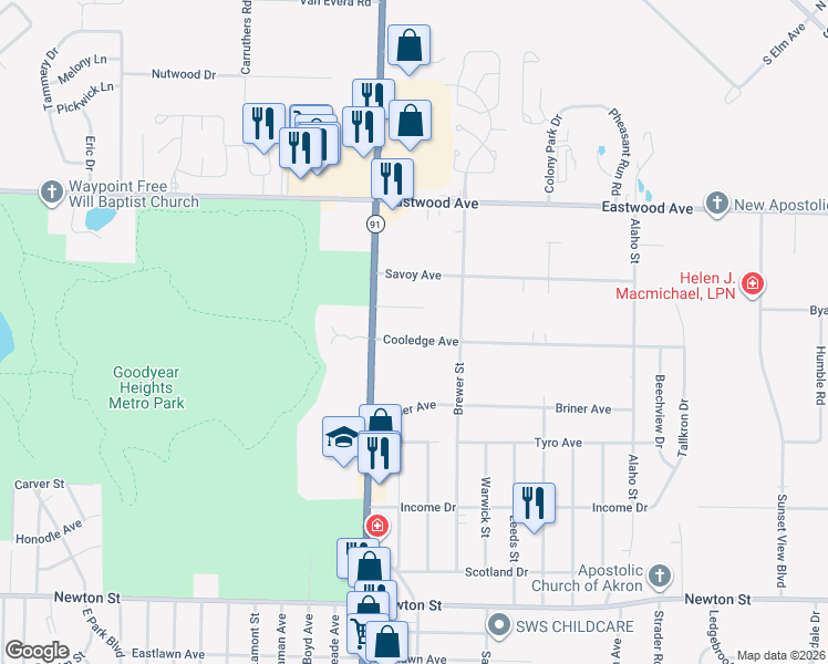 map of restaurants, bars, coffee shops, grocery stores, and more near 2187 Cooledge Avenue in Akron