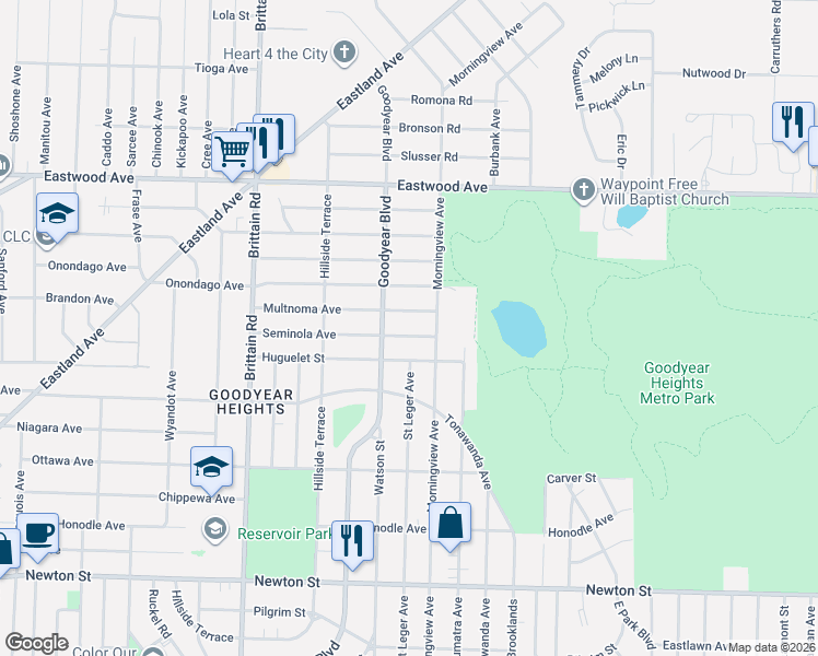 map of restaurants, bars, coffee shops, grocery stores, and more near 1621 Seminola Avenue in Akron