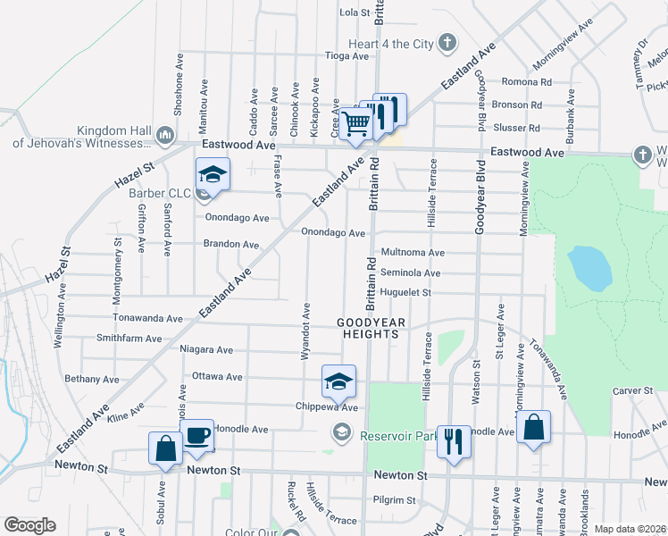 map of restaurants, bars, coffee shops, grocery stores, and more near 659 Wyandot Avenue in Akron