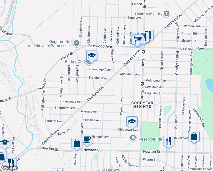 map of restaurants, bars, coffee shops, grocery stores, and more near 577 Eastland Avenue in Akron
