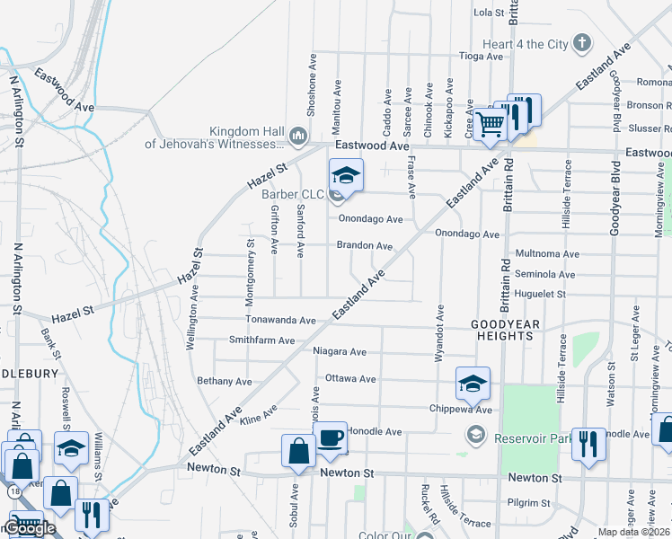 map of restaurants, bars, coffee shops, grocery stores, and more near 581 Garry Road in Akron