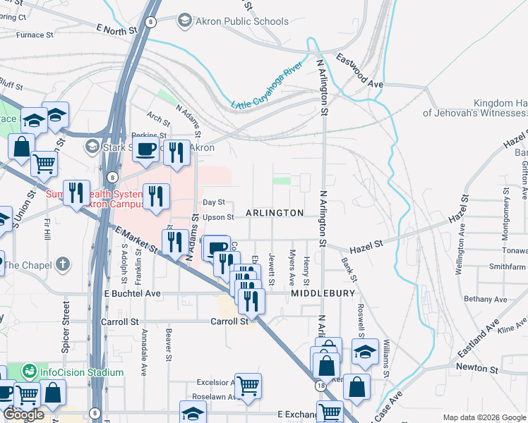 map of restaurants, bars, coffee shops, grocery stores, and more near 167 Jewett Street in Akron