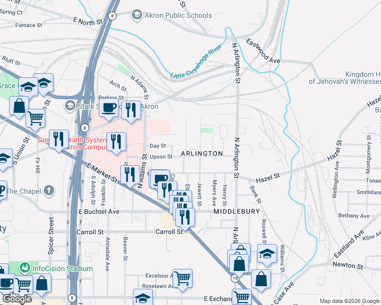 map of restaurants, bars, coffee shops, grocery stores, and more near 166 Nieman Street in Akron