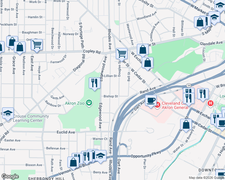 map of restaurants, bars, coffee shops, grocery stores, and more near 490 Rhodes Avenue in Akron