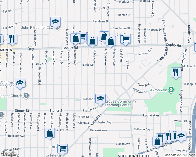 map of restaurants, bars, coffee shops, grocery stores, and more near 621 Noble Avenue in Akron