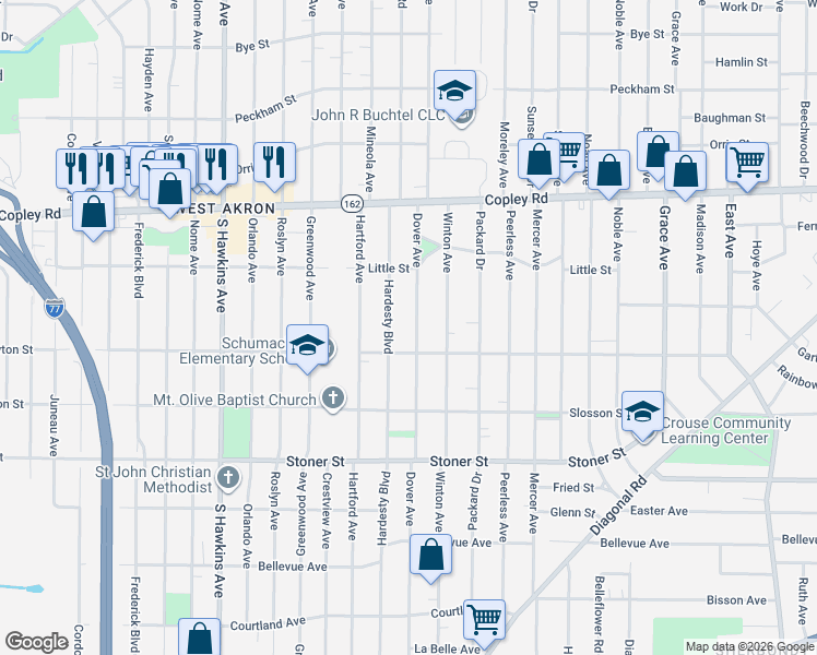 map of restaurants, bars, coffee shops, grocery stores, and more near 923 Hardesty Boulevard in Akron