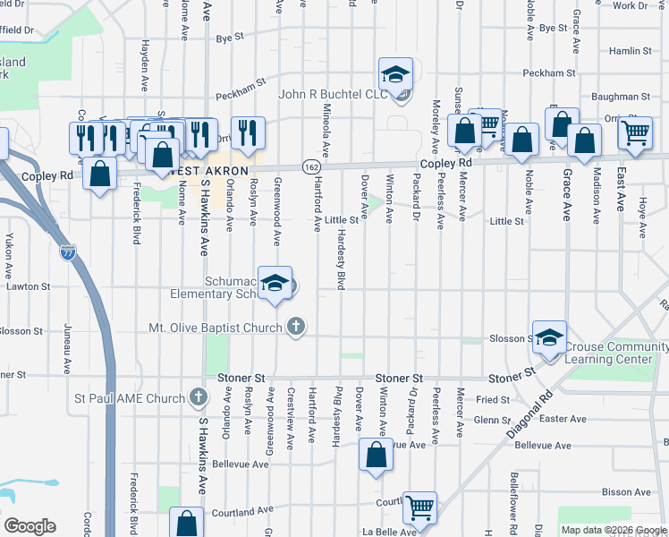 map of restaurants, bars, coffee shops, grocery stores, and more near 973 Hartford Avenue in Akron