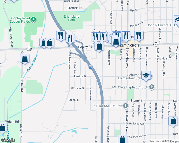 map of restaurants, bars, coffee shops, grocery stores, and more near 1054 Juneau Avenue in Akron
