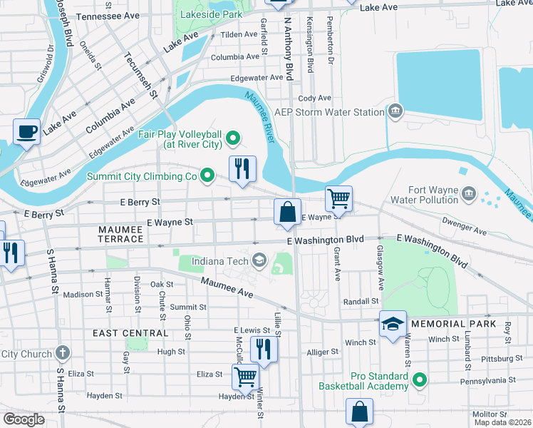 map of restaurants, bars, coffee shops, grocery stores, and more near 1617 East Wayne Street in Fort Wayne