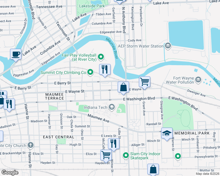 map of restaurants, bars, coffee shops, grocery stores, and more near 1531 East Wayne Street in Fort Wayne