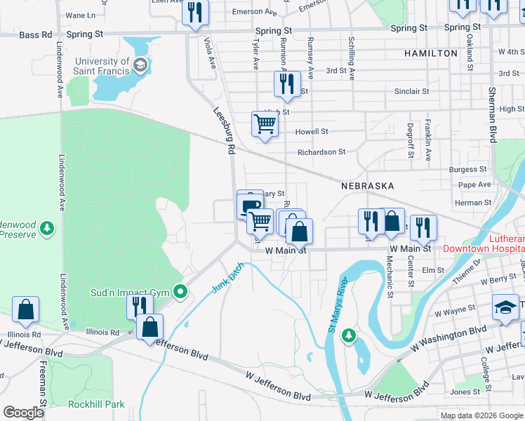 map of restaurants, bars, coffee shops, grocery stores, and more near 1830 Link Street in Fort Wayne
