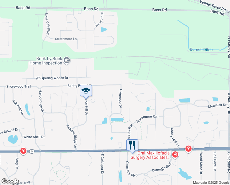 map of restaurants, bars, coffee shops, grocery stores, and more near 303 Cameron Hill Place in Fort Wayne
