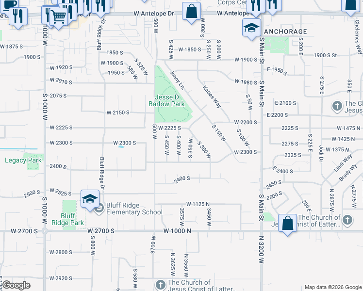map of restaurants, bars, coffee shops, grocery stores, and more near 2258 South 400 West in Clearfield