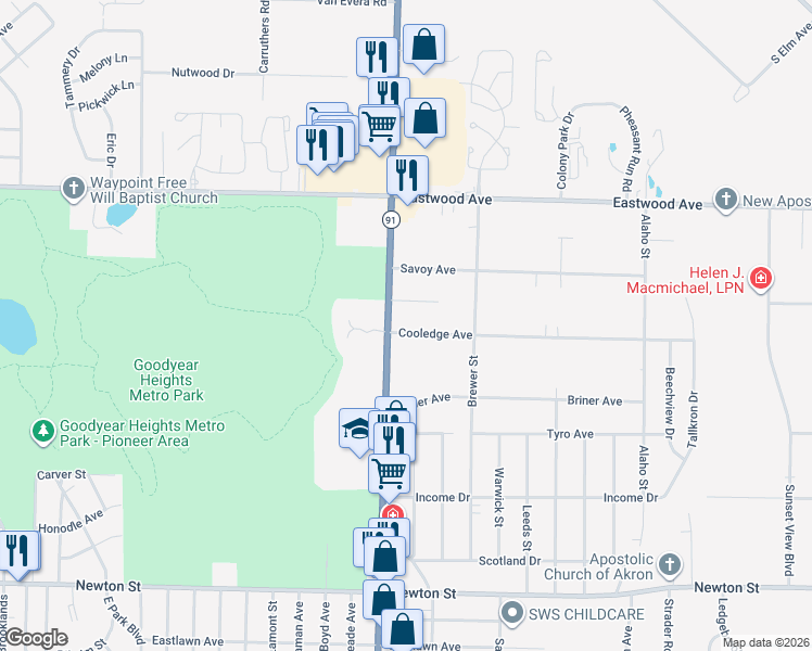 map of restaurants, bars, coffee shops, grocery stores, and more near 2145 Cooledge Avenue in Akron