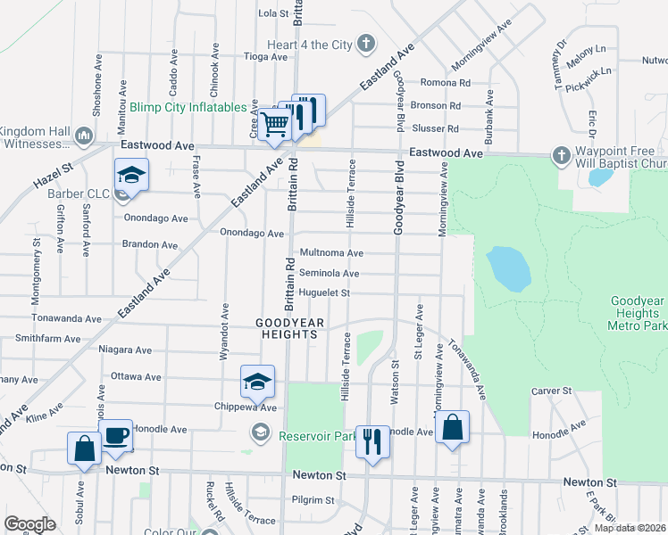 map of restaurants, bars, coffee shops, grocery stores, and more near 1495 Seminola Avenue in Akron