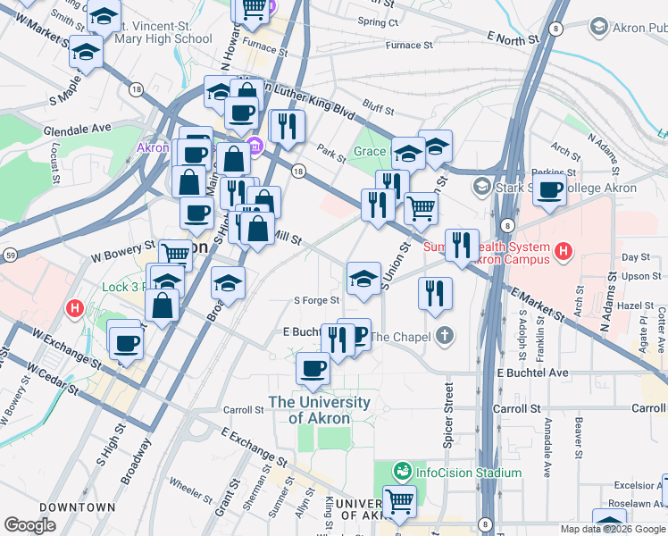 map of restaurants, bars, coffee shops, grocery stores, and more near 220 East Mill Street in Akron