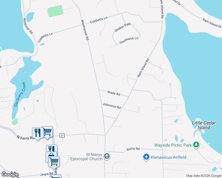 map of restaurants, bars, coffee shops, grocery stores, and more near 7 Wade Road in Shelter Island