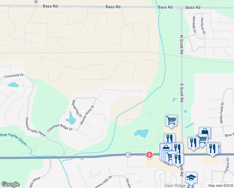 map of restaurants, bars, coffee shops, grocery stores, and more near 10819 Monte Vista Ct in Fort Wayne