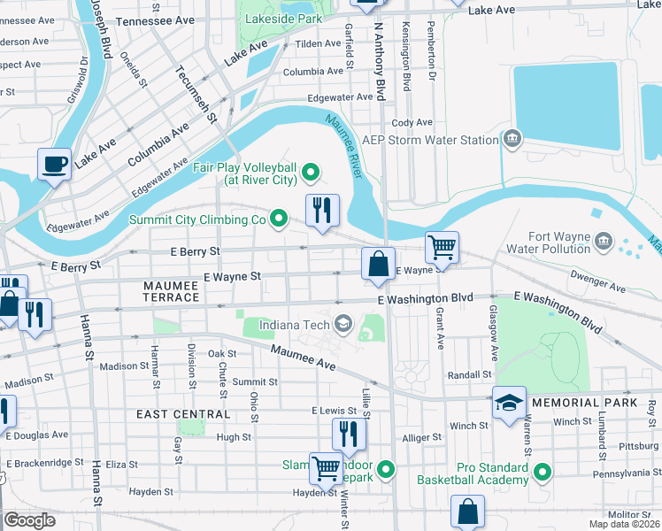 map of restaurants, bars, coffee shops, grocery stores, and more near 1531 East Wayne Street in Fort Wayne
