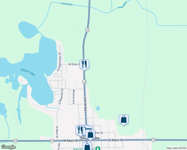 map of restaurants, bars, coffee shops, grocery stores, and more near 10402 Indiana 15 in Silver Lake