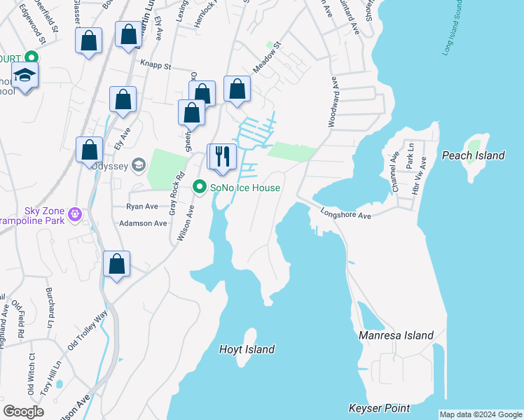 map of restaurants, bars, coffee shops, grocery stores, and more near 23 Splitrock Road in Norwalk