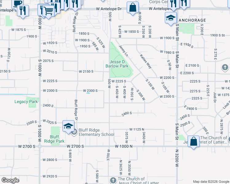 map of restaurants, bars, coffee shops, grocery stores, and more near 2253 South 450 West in Clearfield