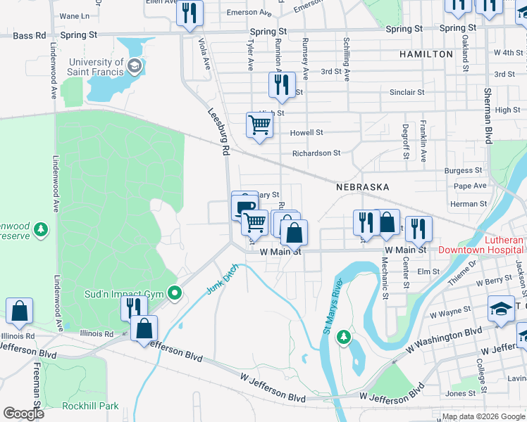 map of restaurants, bars, coffee shops, grocery stores, and more near 1830 Link Street in Fort Wayne