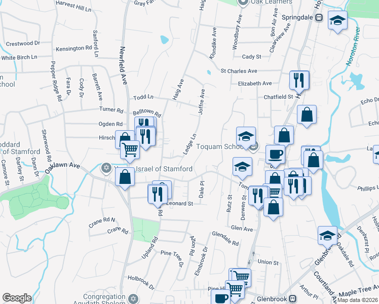 map of restaurants, bars, coffee shops, grocery stores, and more near 53 Ledge Lane in Stamford