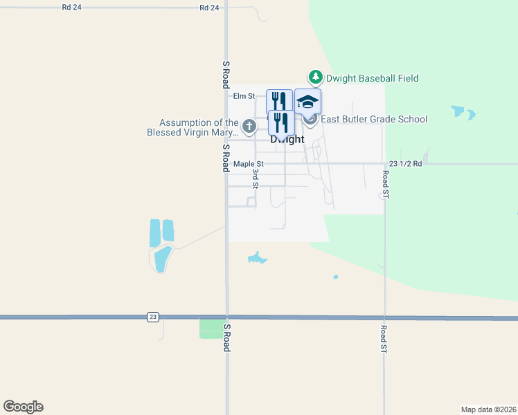 map of restaurants, bars, coffee shops, grocery stores, and more near 256 3rd Street in Dwight